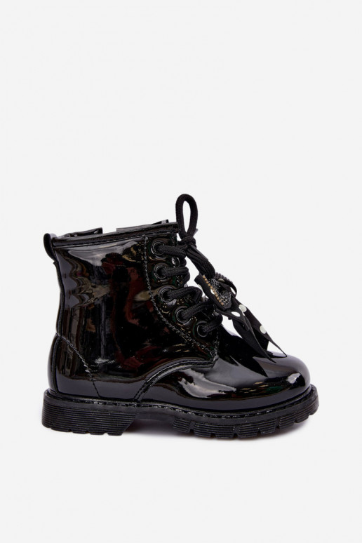 Bottines pour enfants doublées avec effet verni, avec des rubans, noires Corselle