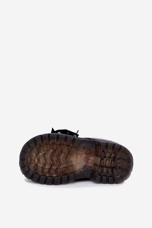 Bottines pour enfants doublées avec effet verni, avec des rubans, noires Corselle