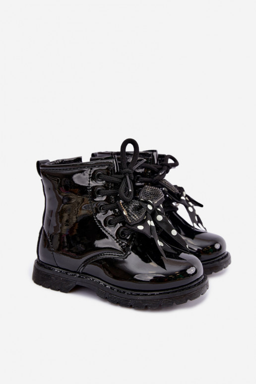 Bottines pour enfants doublées avec effet verni, avec des rubans, noires Corselle