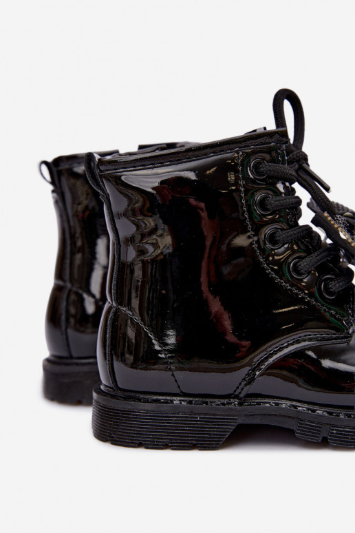 Bottines pour enfants doublées avec effet verni, avec des rubans, noires Corselle