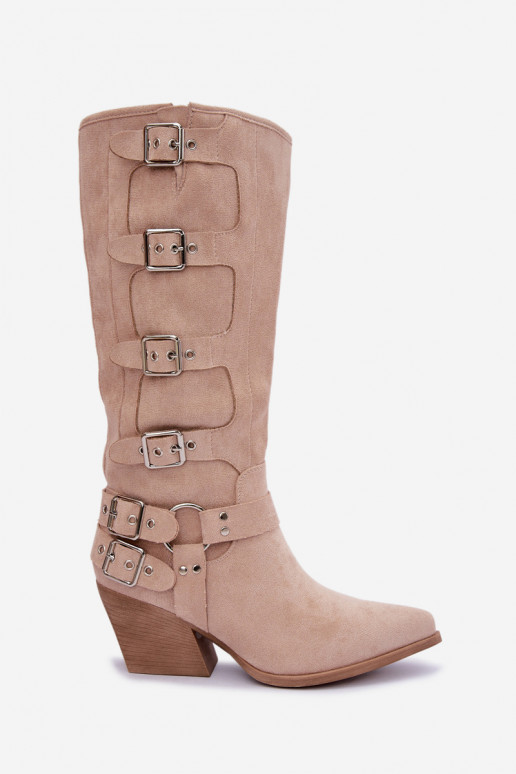 Bottes hautes style cowboy avec talons et boucles couleur ivoire Fivelle