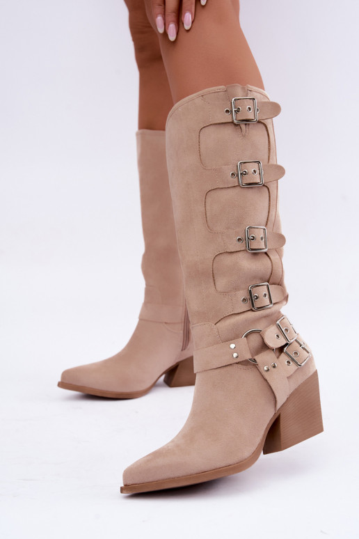 Bottes hautes style cowboy avec talons et boucles couleur ivoire Fivelle