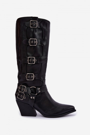 Bottes hautes style cowboy avec talons et boucles en simili cuir noir Fivelle 2