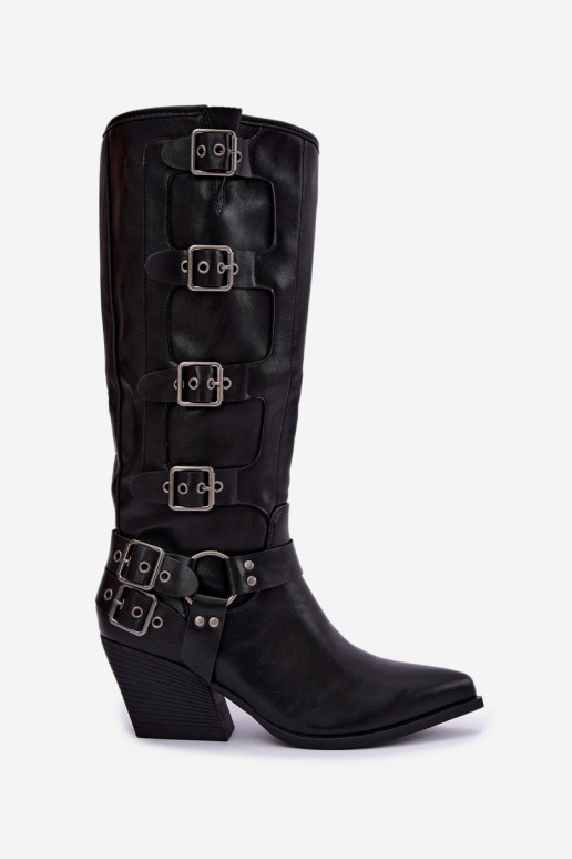 Bottes hautes style cowboy avec talons et boucles en simili cuir noir Fivelle