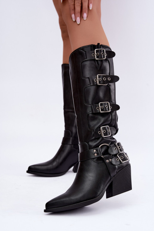 Bottes hautes style cowboy avec talons et boucles en simili cuir noir Fivelle