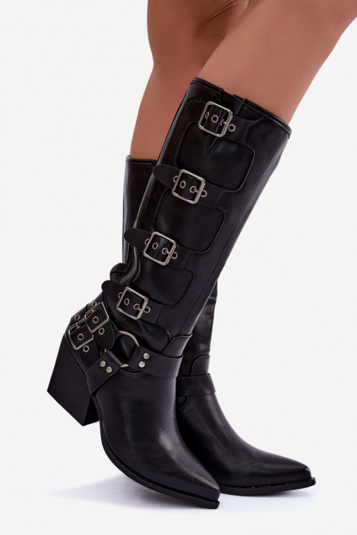 Bottes hautes style cowboy avec talons et boucles en simili cuir noir Fivelle