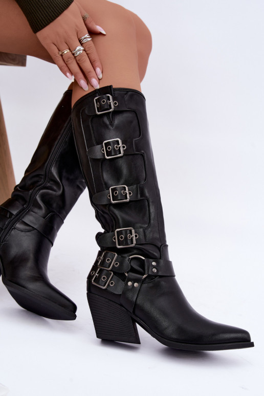 Bottes hautes style cowboy avec talons et boucles en simili cuir noir Fivelle