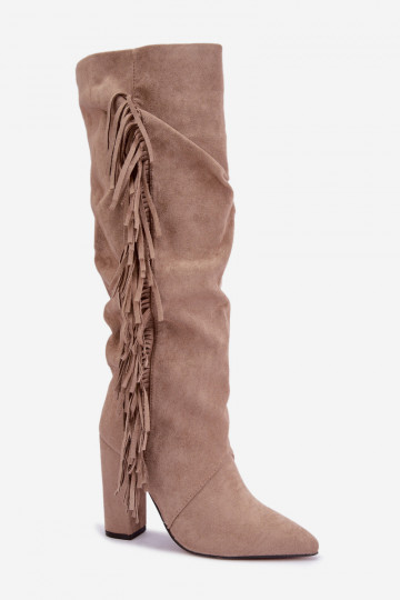 Bottes hautes froissées et chaudes avec talons et pompons couleur sable Karmelle