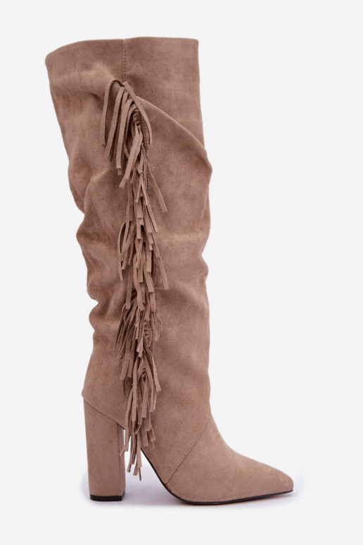 Bottes hautes froissées et chaudes avec talons et pompons couleur sable Karmelle
