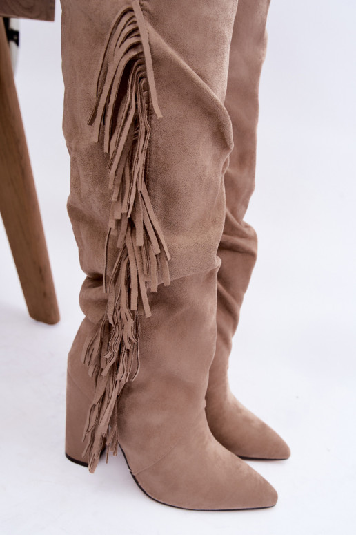 Bottes hautes froissées et chaudes avec talons et pompons couleur sable Karmelle