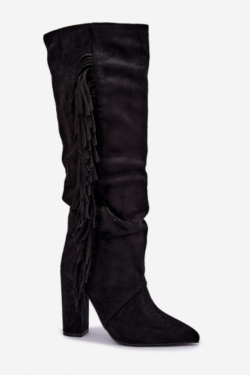 Bottes hautes froissées et chaudes avec talons et pompons couleur noire Karmelle