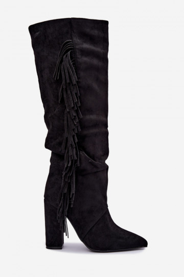 Bottes hautes froissées et chaudes avec talons et pompons couleur noire Karmelle 2