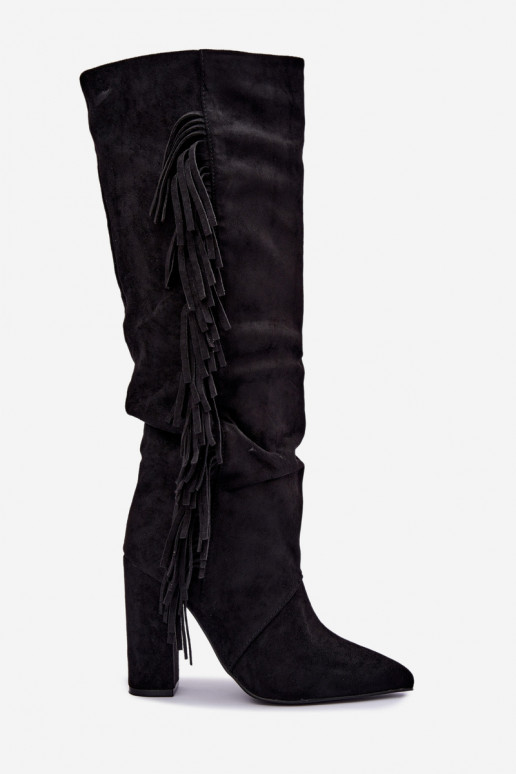 Bottes hautes froissées et chaudes avec talons et pompons couleur noire Karmelle