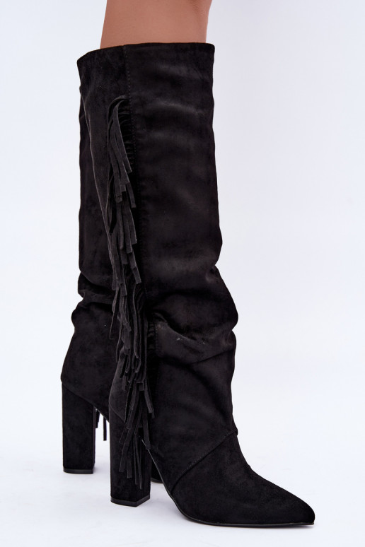Bottes hautes froissées et chaudes avec talons et pompons couleur noire Karmelle