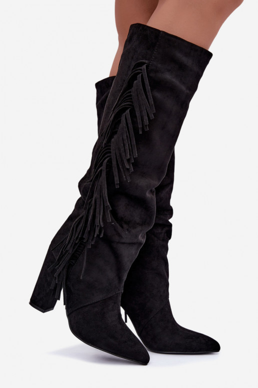 Bottes hautes froissées et chaudes avec talons et pompons couleur noire Karmelle
