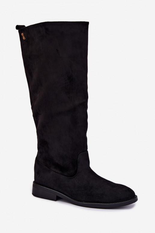 Bottes hautes chaudes avec talons larges et volants en simili daim noir Odelira