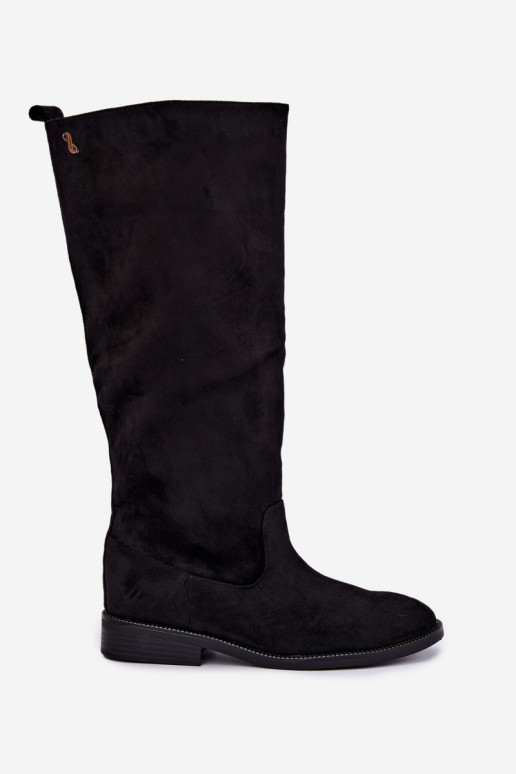 Bottes hautes chaudes avec talons larges et volants en simili daim noir Odelira