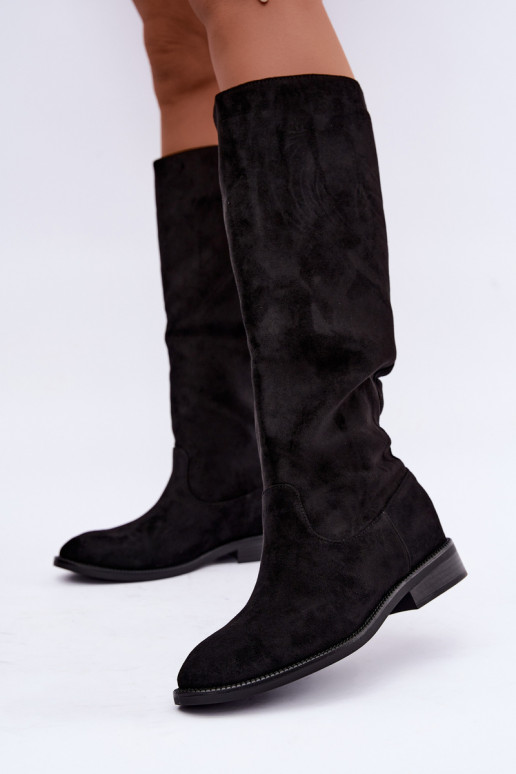Bottes hautes chaudes avec talons larges et volants en simili daim noir Odelira