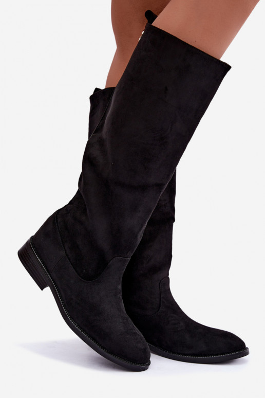 Bottes hautes chaudes avec talons larges et volants en simili daim noir Odelira