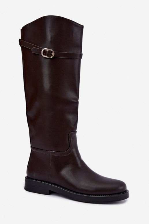 Bottes hautes pour femmes avec talons larges et sangles avec boucles couleur chocolat Sylvena