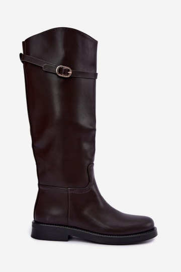 Bottes hautes pour femmes avec talons larges et sangles avec boucles couleur chocolat Sylvena 2