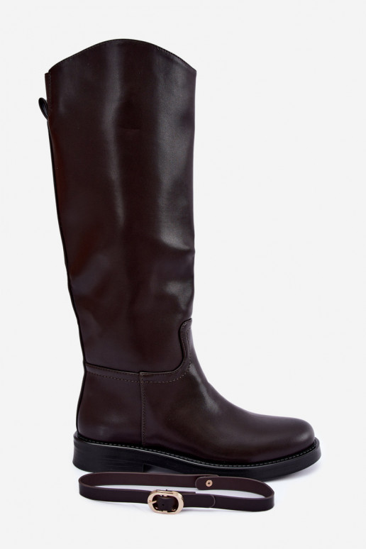 Bottes hautes pour femmes avec talons larges et sangles avec boucles couleur chocolat Sylvena