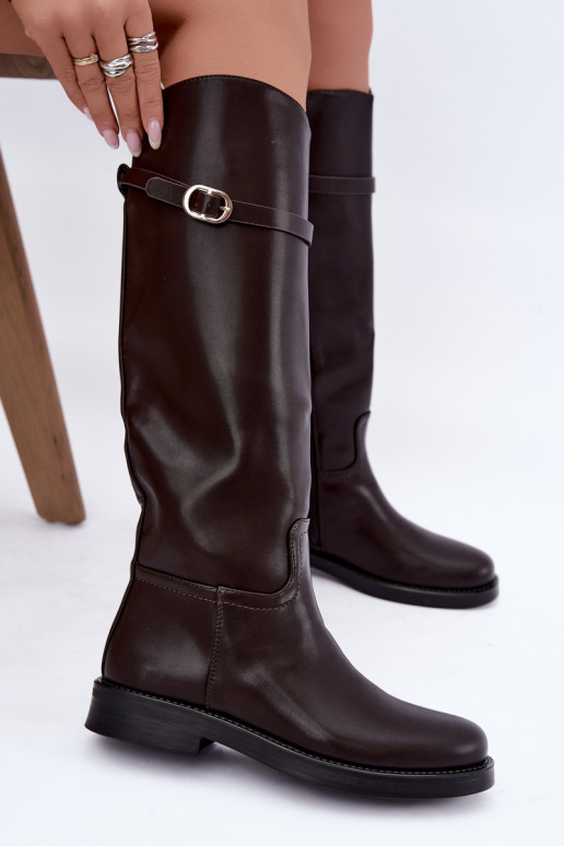 Bottes hautes pour femmes avec talons larges et sangles avec boucles couleur chocolat Sylvena