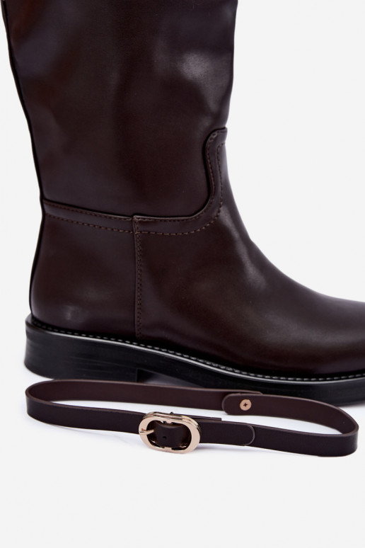 Bottes hautes pour femmes avec talons larges et sangles avec boucles couleur chocolat Sylvena