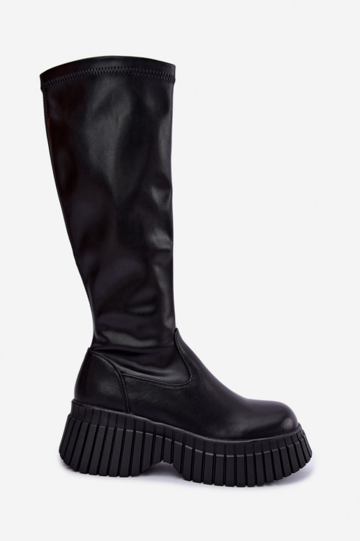 Bottes noires jusqu'au genou avec plateforme Haldora