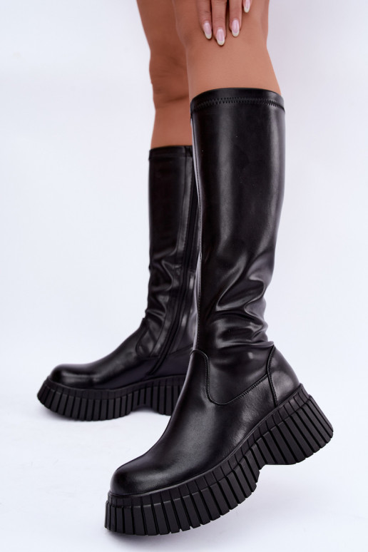 Bottes noires jusqu'au genou avec plateforme Haldora