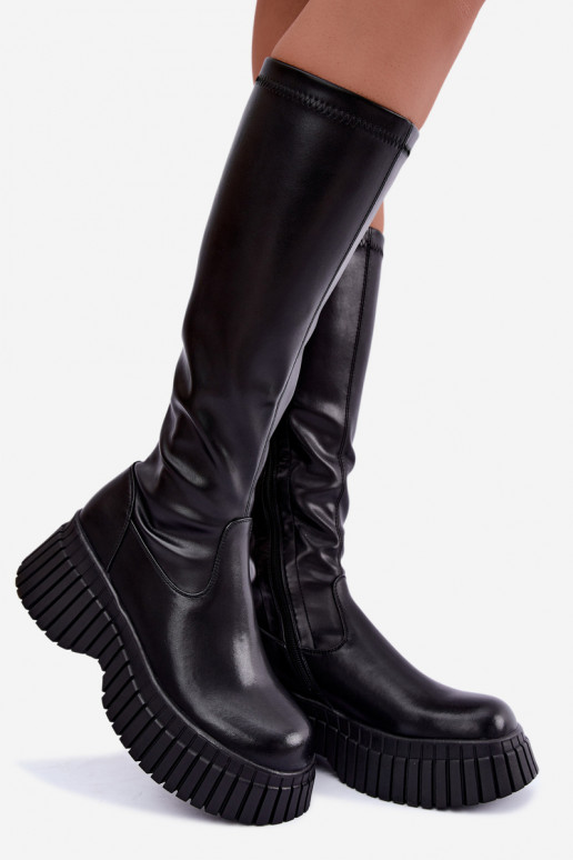 Bottes noires jusqu'au genou avec plateforme Haldora