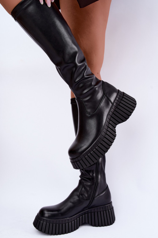 Bottes noires jusqu'au genou avec plateforme Haldora