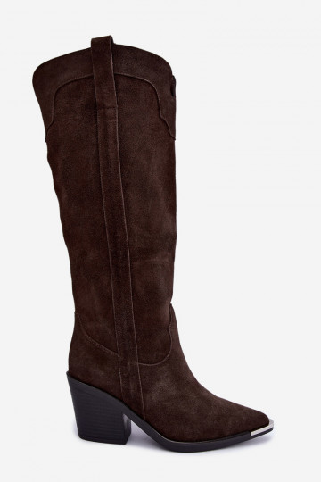 Bottes hautes en style cowboy avec talons en daim synthétique marron