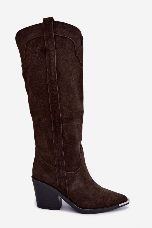Bottes hautes en style cowboy avec talons en daim synthétique marron