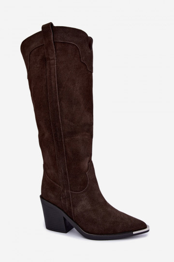 Bottes hautes en style cowboy avec talons en daim synthétique marron 2