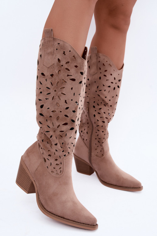 Bottes hautes en style cowboy avec talons découpés en sable Salirae
