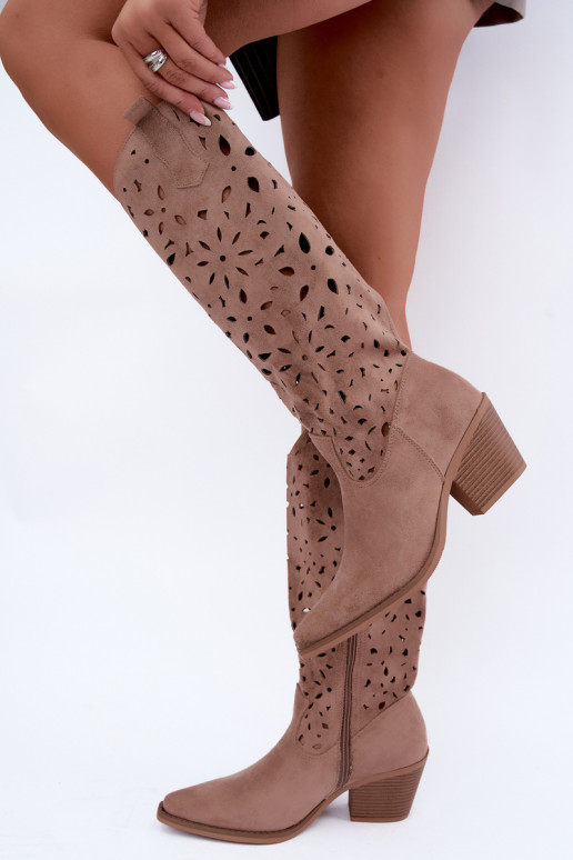 Bottes hautes en style cowboy avec talons découpés en sable Salirae