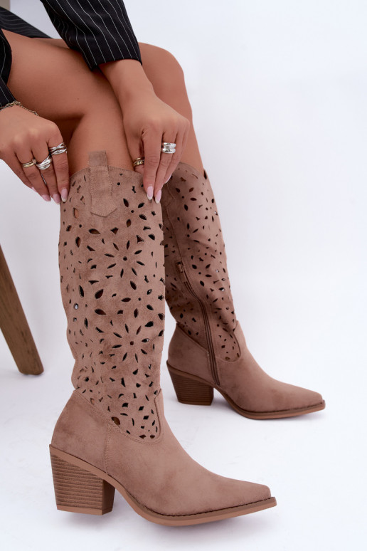 Bottes hautes en style cowboy avec talons découpés en sable Salirae