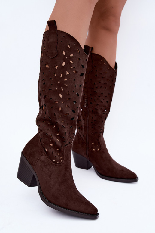 Bottes hautes en style cowboy avec talons découpés en marron Salirae