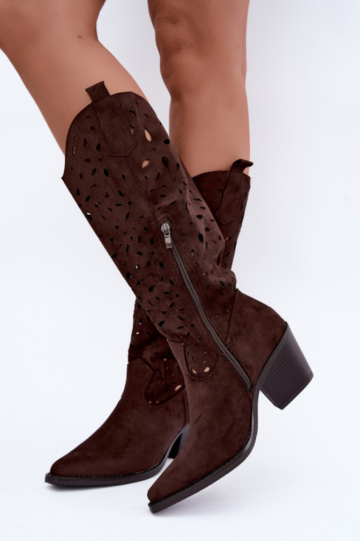 Bottes hautes en style cowboy avec talons découpés en marron Salirae