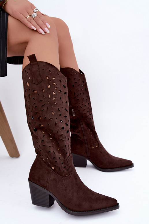 Bottes hautes en style cowboy avec talons découpés en marron Salirae