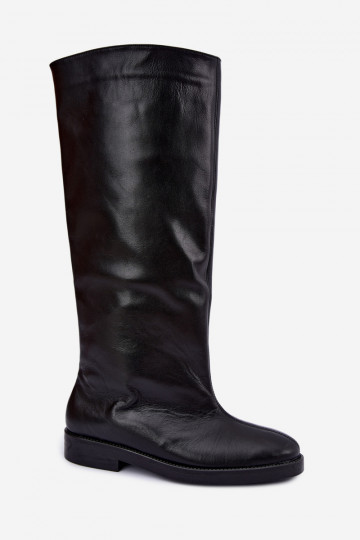 Bottes hautes en cuir chaudes avec larges talons en noir Zazoo 542
