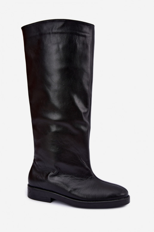 Bottes hautes en cuir chaudes avec larges talons en noir Zazoo 542