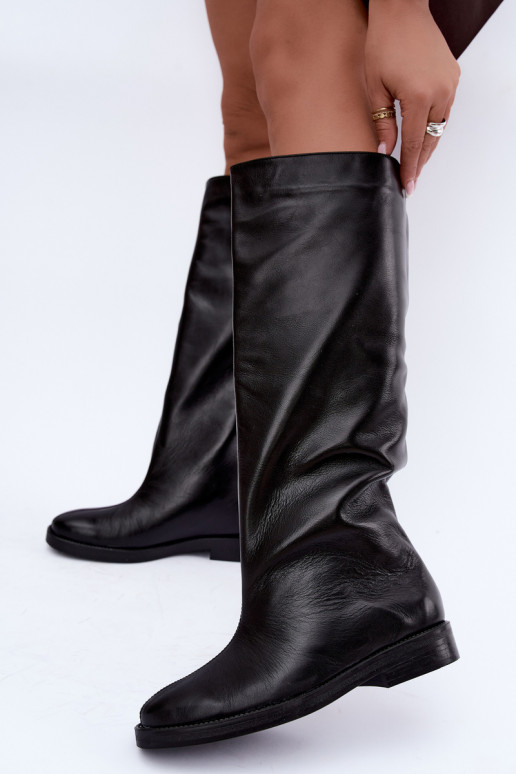 Bottes hautes en cuir chaudes avec larges talons en noir Zazoo 542
