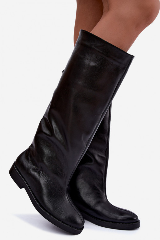 Bottes hautes en cuir chaudes avec larges talons en noir Zazoo 542