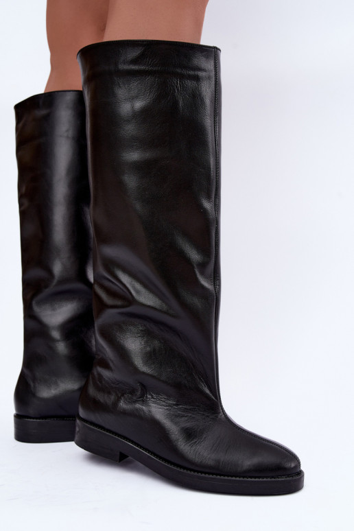 Bottes hautes en cuir chaudes avec larges talons en noir Zazoo 542