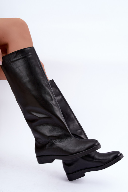 Bottes hautes en cuir chaudes avec larges talons en noir Zazoo 542