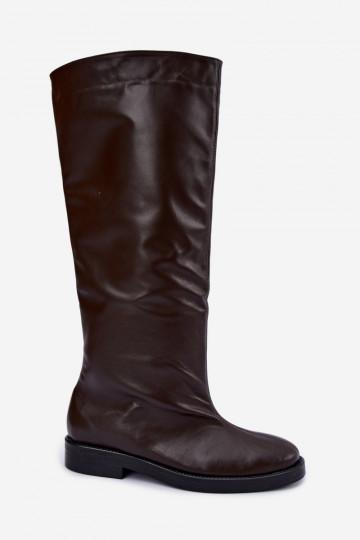 Bottes hautes en cuir chaudes avec larges talons en marron Zazoo 542