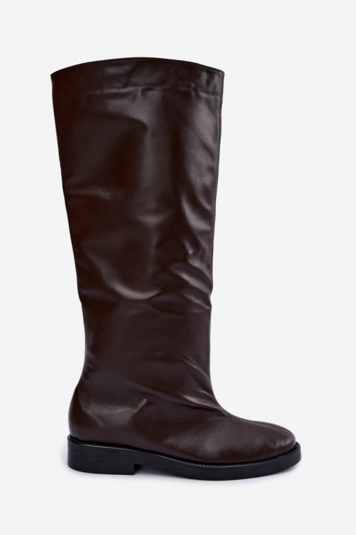 Bottes hautes en cuir chaudes avec larges talons en marron Zazoo 542