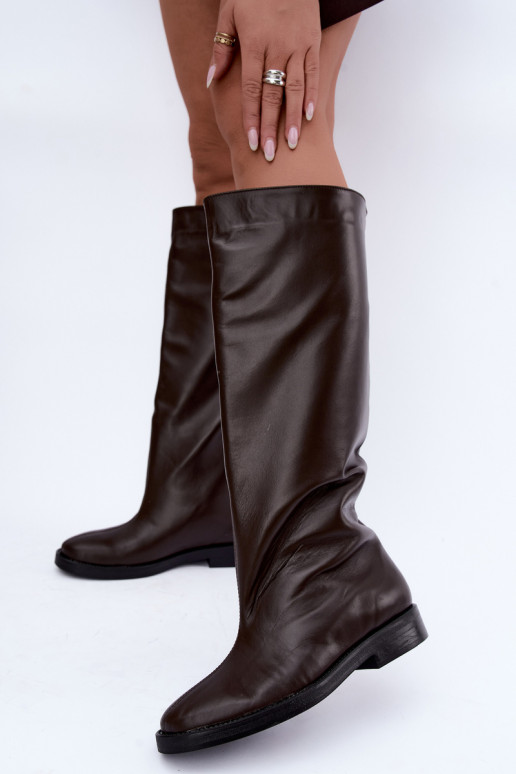 Bottes hautes en cuir chaudes avec larges talons en marron Zazoo 542
